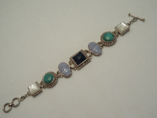 Whitney Kelly Multi-Gem Stone 925 Sterling Bracelet w/ Mother of Pearl, Blue Lace Agate