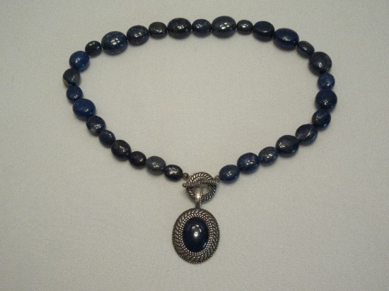 Carolyn Pollack 925 Sterling Royal Blue Lapis Beaded Necklace w/ Pendant Medallion