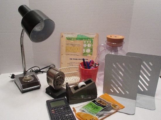 Lot - Mid Century Goose Neck Dimmer Lamp, Counting Money Jug Metal Bookends
