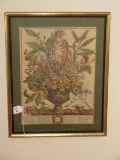 January Botanical Flowers of The Month Print in Antiqued Gilted Patina Frame/Black Trim