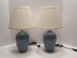 Pair - Mid Century Modern Relief Design Blue Glaze Finish Boudoir Lamps & Pleated Shades