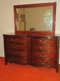 Dixie Furniture Mahogany Double Bow Front Dresser w/ Attached Mirror & Bail Handle Pulls
