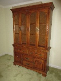 Stanley Furniture Italian Provincial Style Walnut Finish Lighted China Cabinet w/ Glass Shelves