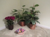 Lot - 2 Silk Tropical 3ft Plants in Basket Planters, Mums in Planter 19