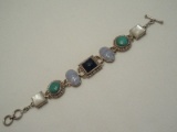 Whitney Kelly Multi-Gem Stone 925 Sterling Bracelet w/ Mother of Pearl, Blue Lace Agate