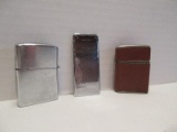 Lot - 3 Lighters Champ Austria Leather Covered Card Lighter Slim Profile Windmill