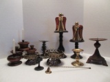 Lot - Candle Sticks/Pillar Candle Stands, Brass Tone Angels, Pine, Wrought Iron Spanish Design