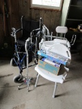 Lot - Geriatric Kitchen Stool Walkers, 4 Prong Cane, Shower Chair, Wheelchair, Etc.