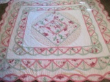 Diamond Pattern Floral Design Summer Quilt w/ Scalloped Edge & 1 King Pillow Sham