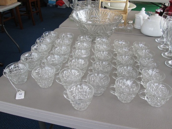 Tall Glass Punch Bowl w/ Diamond Cut/Fan Pattern w/ 31 Matching Cups