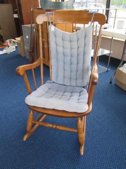 Wooden Slat Back Scroll Arm/Top Rocker, Blue Upholstered Cushion Seat