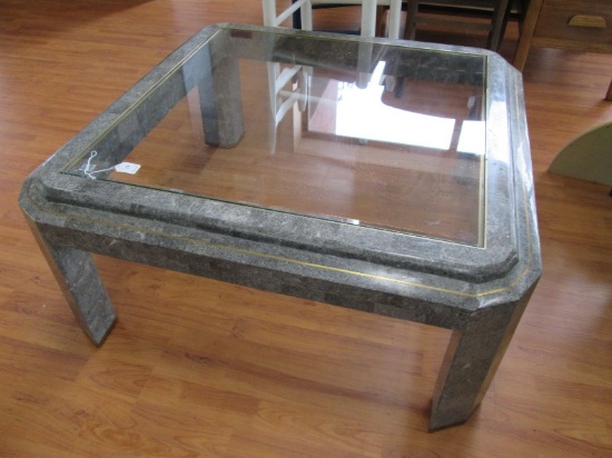 Marble Carved Coffee Table Square w/ Glass Top, Gilted Trim