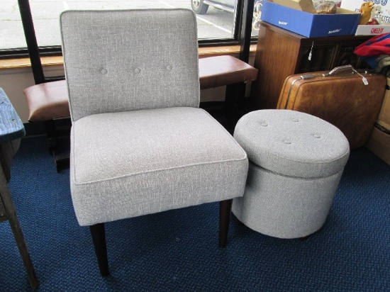 Grey Upholstered Seat w/ 3 Pins, Wooden Feet, Ottoman w/ Open Top Pin Upholstered