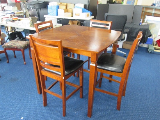 Tall Dark Wooden Table Square Top Narrow Legs w/ 4 Tall Matching Chairs