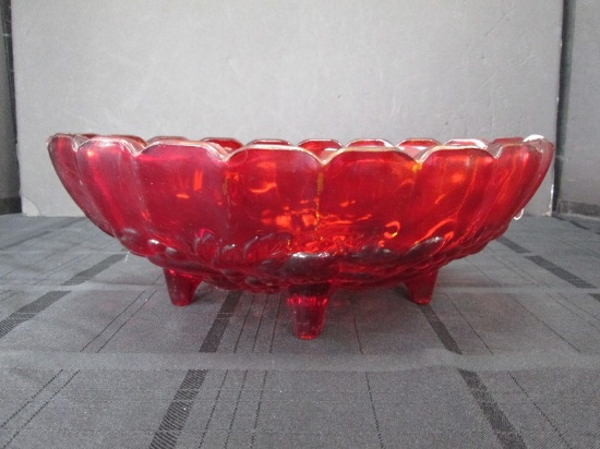 Oval Leaf/Grape/Fruit Pattern Vintage Ruby Glass Bowl on Stands Scallop Rim