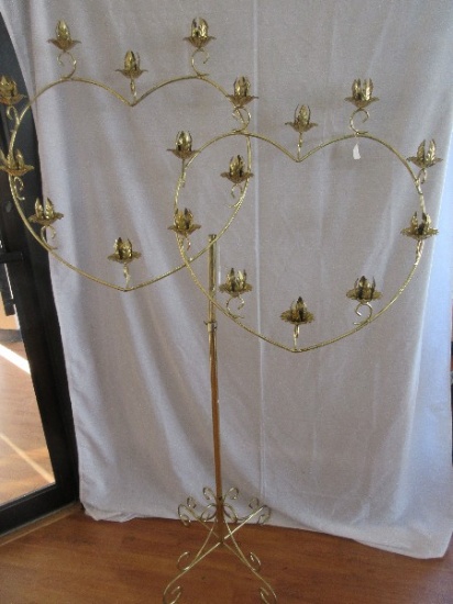 Double Heart Floor Candelabra 18 Lights Brass Tone w/ Scroll Accent