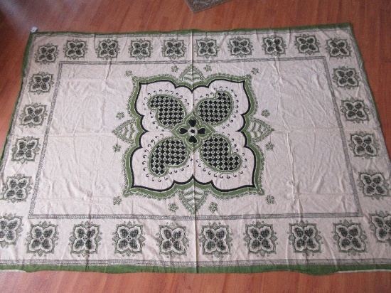 Vintage Linen Table Cloth Green/Black Flower Medallion Pattern on Beige Background