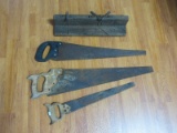 Lot - 2 Hand Saws, Two Side Hand Saw & Miter Box