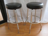 Pair - Inn Crowd Single Ring Bar Stools Chrome Base w/ Black Vinyl Seats