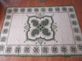 Vintage Linen Table Cloth Green/Black Flower Medallion Pattern on Beige Background