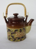 Earthenware Teapot w/ Reed Handle Oriental Floral Panels Design