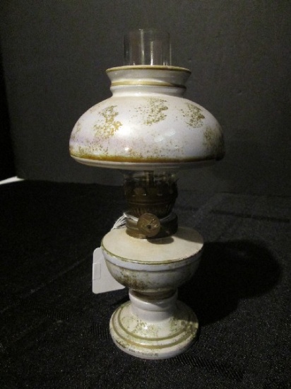 Miniature Vintage Oil Lamp w/ Hooded Shade Ceramic w/ Clear Glass Shade