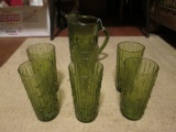 Emerald Green Teardrop/Bead Pattern 6 Cups, 1 Pitcher 9 1/4