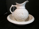 Vintage Ceramic Pitcher & Washbowl Turkey Medallion Sides Wave Band