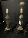 Pair - Vintage Glass Body Electric Lamps Ribbed/Bead Base on Metal Stands