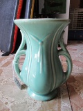 Vintage McCoy Turquoise Vase Handled Wide Top Curved/Ribbed Body