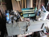 Green Work Box w/ Latch & Wooden Stand w/ Contents