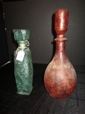 Lot - Green Glass Print Tall Bottle w/ Lid & Wide Body/Narrow Neck Bottle w/ Lid