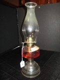 Tall Oil Lamp w/ Contents & Bead Trim Top Clear Hurricane Glass Shade