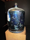 Iridescent Carnival Glass Candy Jar Indiana Glass Co. w/ Original Box Berry/Foliage Motif
