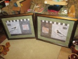 Pair - Sparrow/Leaf Picture Prints in Wooden Antique Patina Frames/Matts