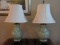 Pair - Celadon Vase Form Table Lamps w/ Ornament Temple Guardian Accent