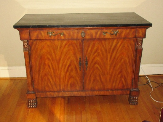 Victorian Era Style Crotch Mahogany Finish 1 Over 2 Cabinet w/ Black Veneer Marble Top