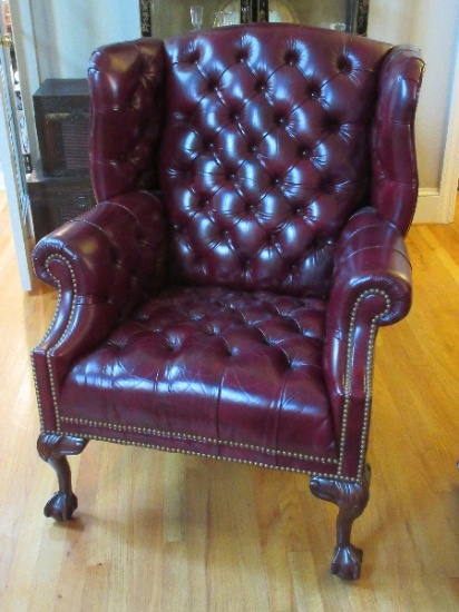 Stately Hancock & Moore Fine Leather Chippendale Style Wingback Chair Ball & Claw Feet