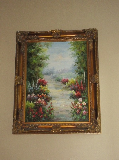 Artist Signed Gorgeous Garden Path in Bloom Landscape Scene