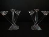 Pair - Villeroy & Boch Crystal 3 Light Candlesticks Opera Pattern 6 5/8