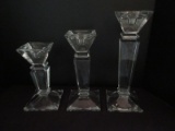 Trio of Graduated Traditional Modern Design Glass Pillar, Tapered Candle Sticks