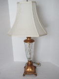 Ornate Crystal Vase Font Table Lamp Antiqued Gilded Patina Plinth Base Beaded Trim