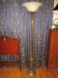 Brass Tones Torchiere Floor Lamp w/ Molded Marble Finish Shade