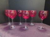 6 Hand Blown Ruby Red Bowl to Clear Stem Wine Glasses