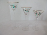 Set - 3 Graduating Height Tealights Hand Painted Holly & Berries w/ Gold Trim Stems