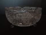 Dazzling Lead Crystal 3 Toed Bowl Etched Floral & Diamond Pattern Sawtooth Rim