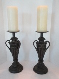 Pair - Resin Triple Handle Grecian Urn Form Pillar Candle Stands