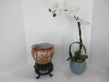 Lot - Silk Orchid in Teal Glaze Planter, Small Oriental Jardinière Fish Planter 5