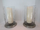 Pair - World Market Etched Star Glass Hurricane Shades on Silver Tone Base