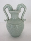 Celadon Double Handled Bud Vase w/ Cherry Blossom Relief Design Band